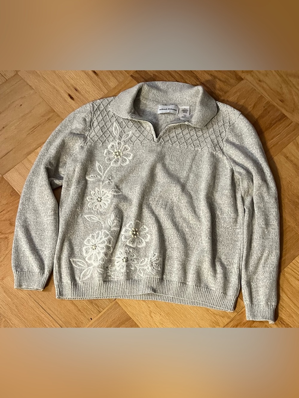 Alfred Dunner Cotton/Acrylic Blend Gray Embroidered Sweater